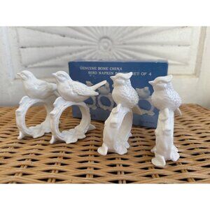 Vintage 70's Bone Chine White Birds Napkin Rings Original Box